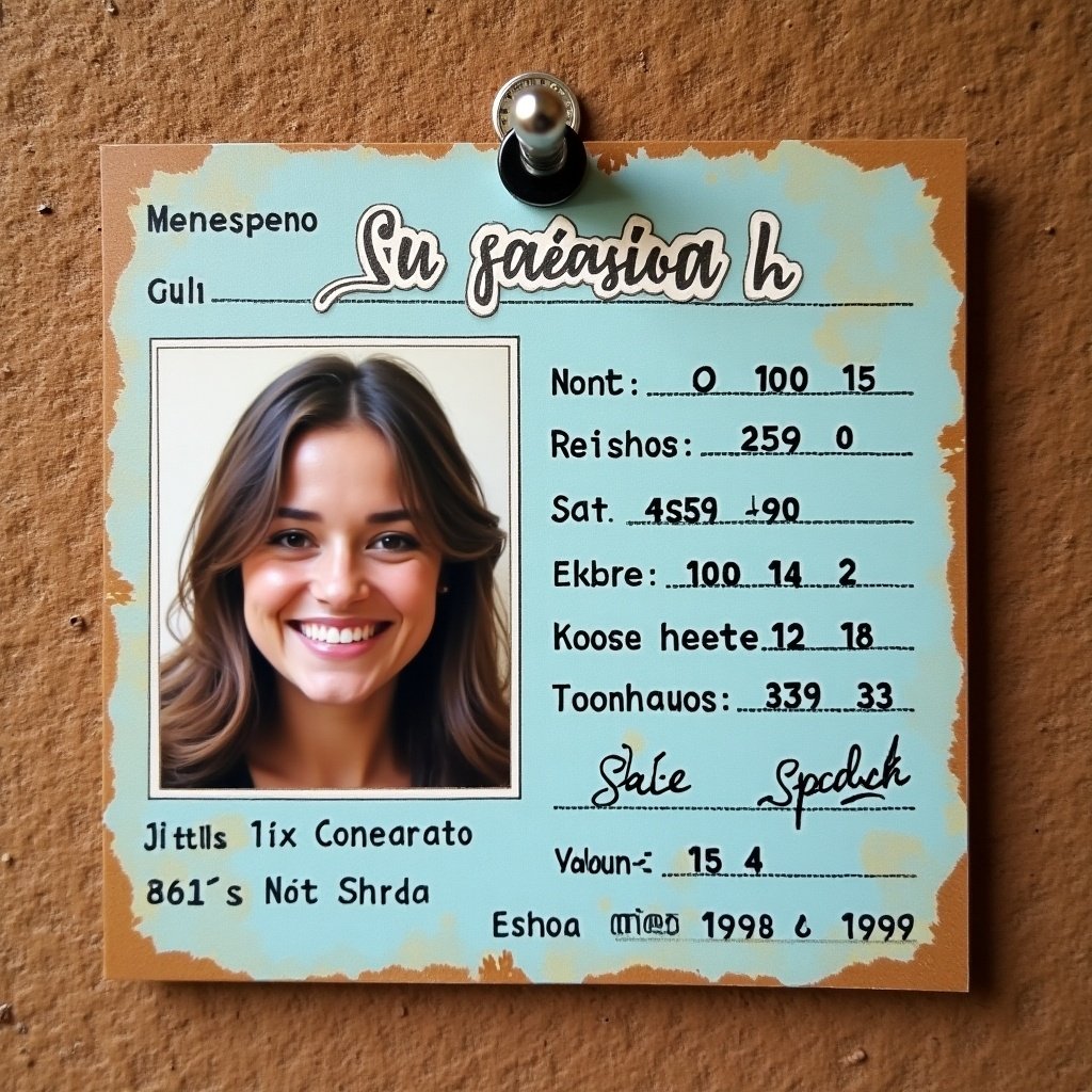 Image of a novelty ID card with Spanish and fictional details. Central photo area. Smiling individual. Various fictional metrics like height and weight. Vintage style with light blue background and brown borders. Pinned to a rustic corkboard.