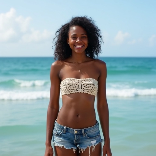 Beautiful Indian girl poses at the ocean. She wears a small bandeau top and jean shorts. The setting showcases a vibrant beach atmosphere. The girl exhibits a natural body and a smile, reflecting confidence and joy.