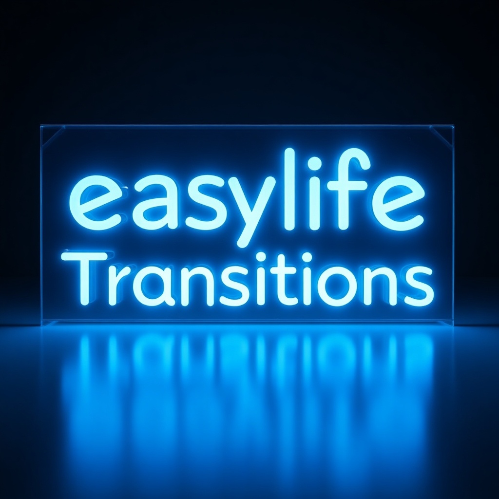 Glowing text 'easy life Transitions' in translucent blue color. Illuminated letters create neon-like effect. Text appears to float with reflection underneath. Modern and tech-savvy design suitable for branding. Light blue hue adds visual appeal.