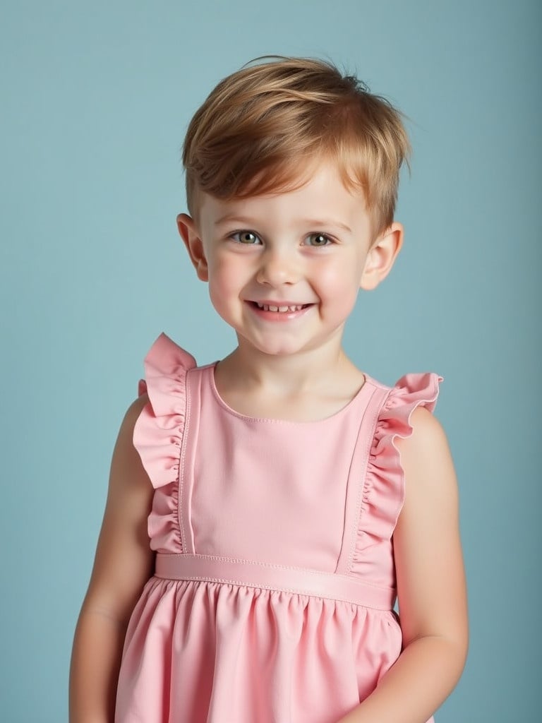 Four year-old little boy wearing a pink dress. Background is light blue. The child has a joyful expression. The dress has ruffled sleeves. The scene is simple and bright.