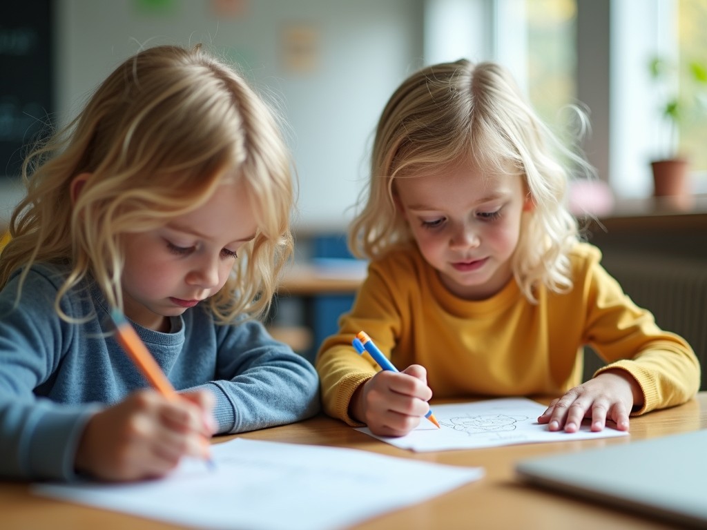 Two young children are deeply engaged in drawing with colored pencils at a classroom table. The setting suggests a warm and inviting learning environment, with natural light streaming in through large windows, casting gentle shadows and highlights on their focused expressions. Both children appear content and engrossed in their creative activity, surrounded by the quiet ambiance of a well-furnished and nurturing educational space.