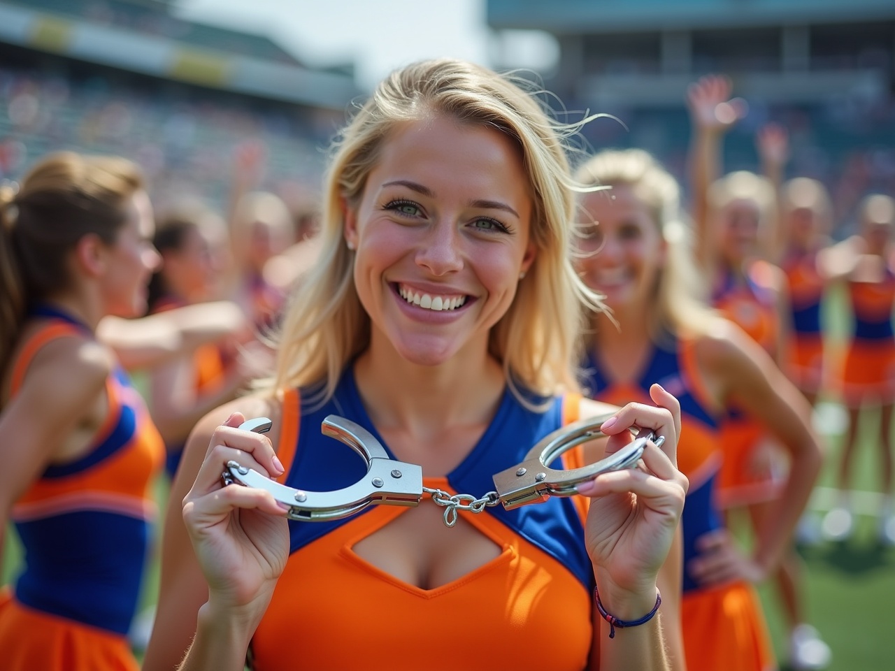 The image features a cheerful cheerleader prominently smiling while holding metal handcuffs. She is dressed in a bright cheerleading outfit, showcasing vibrant colors of orange and blue. In the background, her fellow cheerleaders are engaged in a spirited activity, adding energy to the scene. The setting appears to be a sports venue, likely during an event. The sunlight illuminates the cheerful expressions of the participants, highlighting the fun and lively atmosphere.