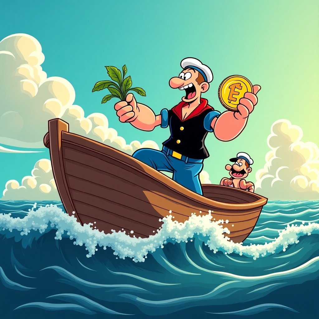 Popeye cartoon character sails the ocean. He eats spinach while trading a cryptocurrency called POPEYE. Bright colors and cheerful ocean waves are featured.