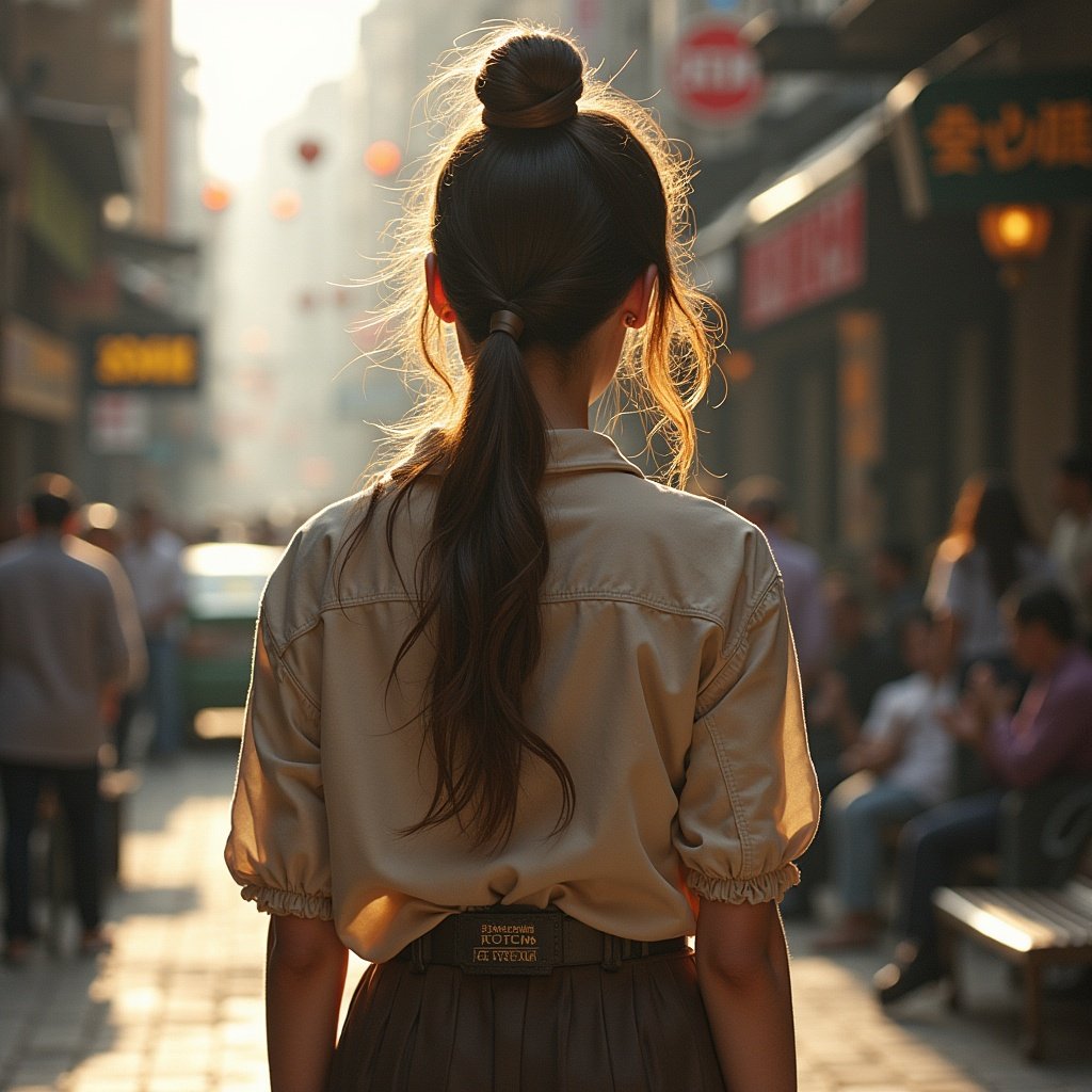 Female subject stands in city setting. Warm golden hour light surrounds. Urban street life visible in background. Soft focus on distant elements.