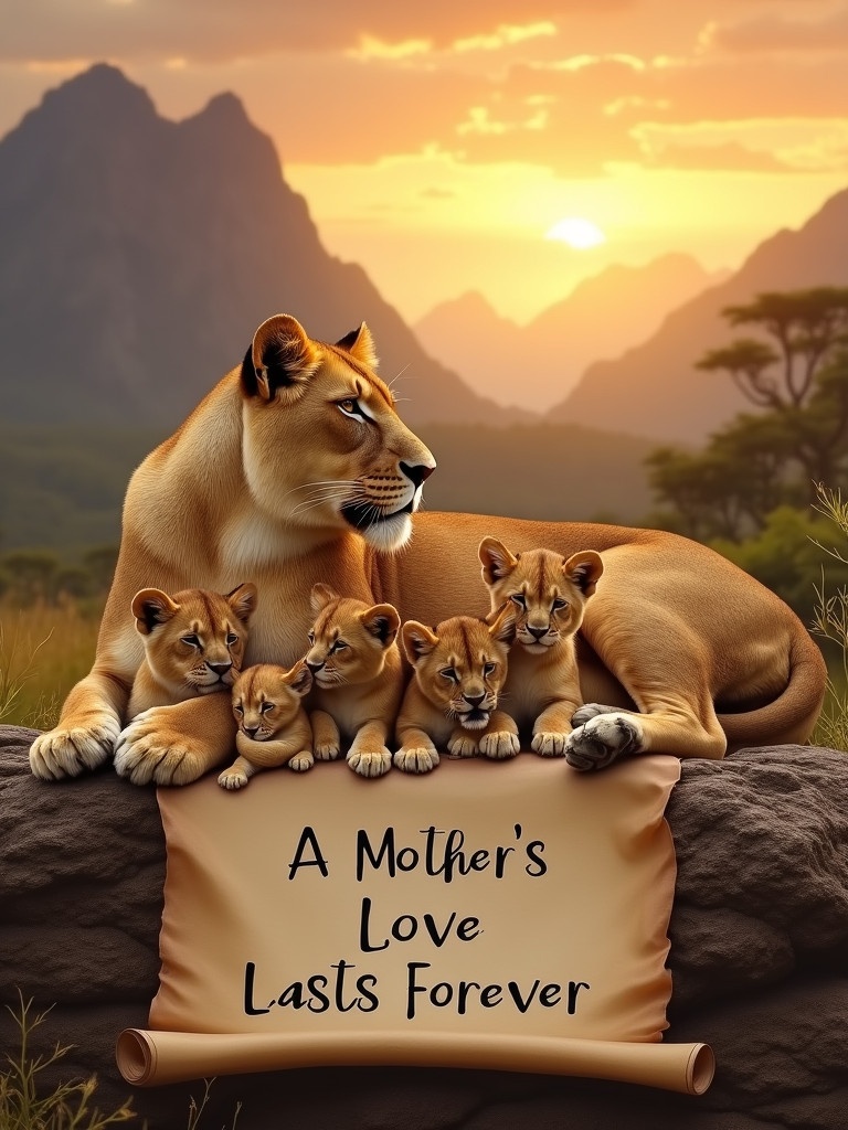 A lioness and her five cubs are resting together at sunset. The background features towering mountains. A scroll displays the text A MOTHER'S LOVE LASTS FOREVER. Golden sunset colors illuminate the scene creating a warm atmosphere.