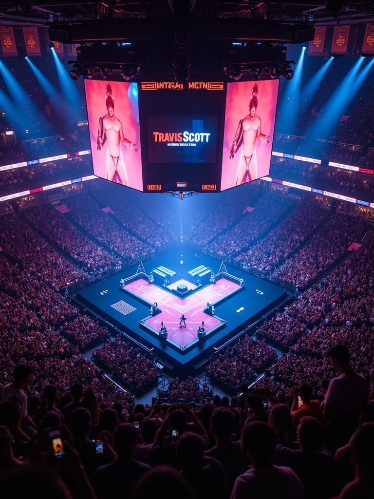 Aerial view of a 360 concert stage featuring Travis Scott at Madison Square Garden. The stage includes a T-shaped runway. The audience is packed with vibrant concert lights illuminating the scene.