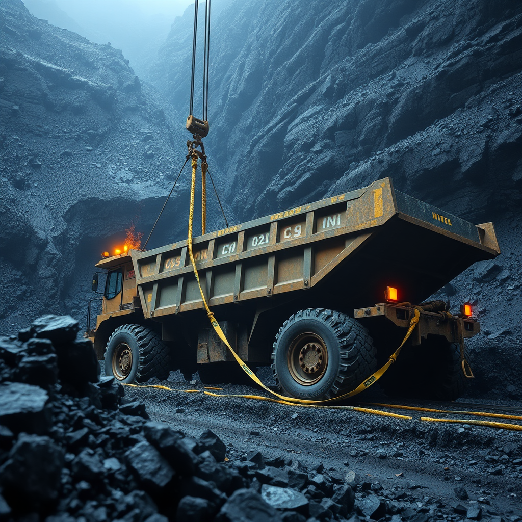 A large dump truck in a dramatic quarry, surrounded by towering rock formations and illuminated by work lights.