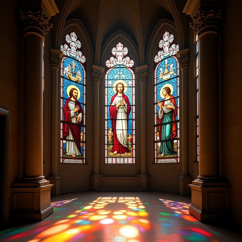 Beautiful stained glass windows in a European church depicting Jesus with two figures. Colorful light patterns on the floor from the windows. Captivating architecture surrounding the scene.