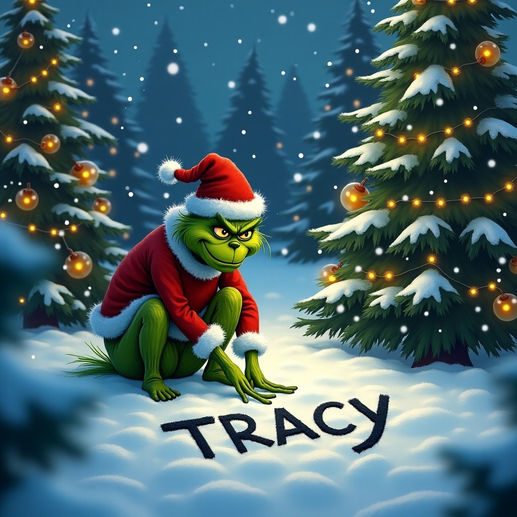 The Grinch is outside in the snow. Christmas trees surround him, decorated with lights. The Grinch is writing the name tracy in the snow.