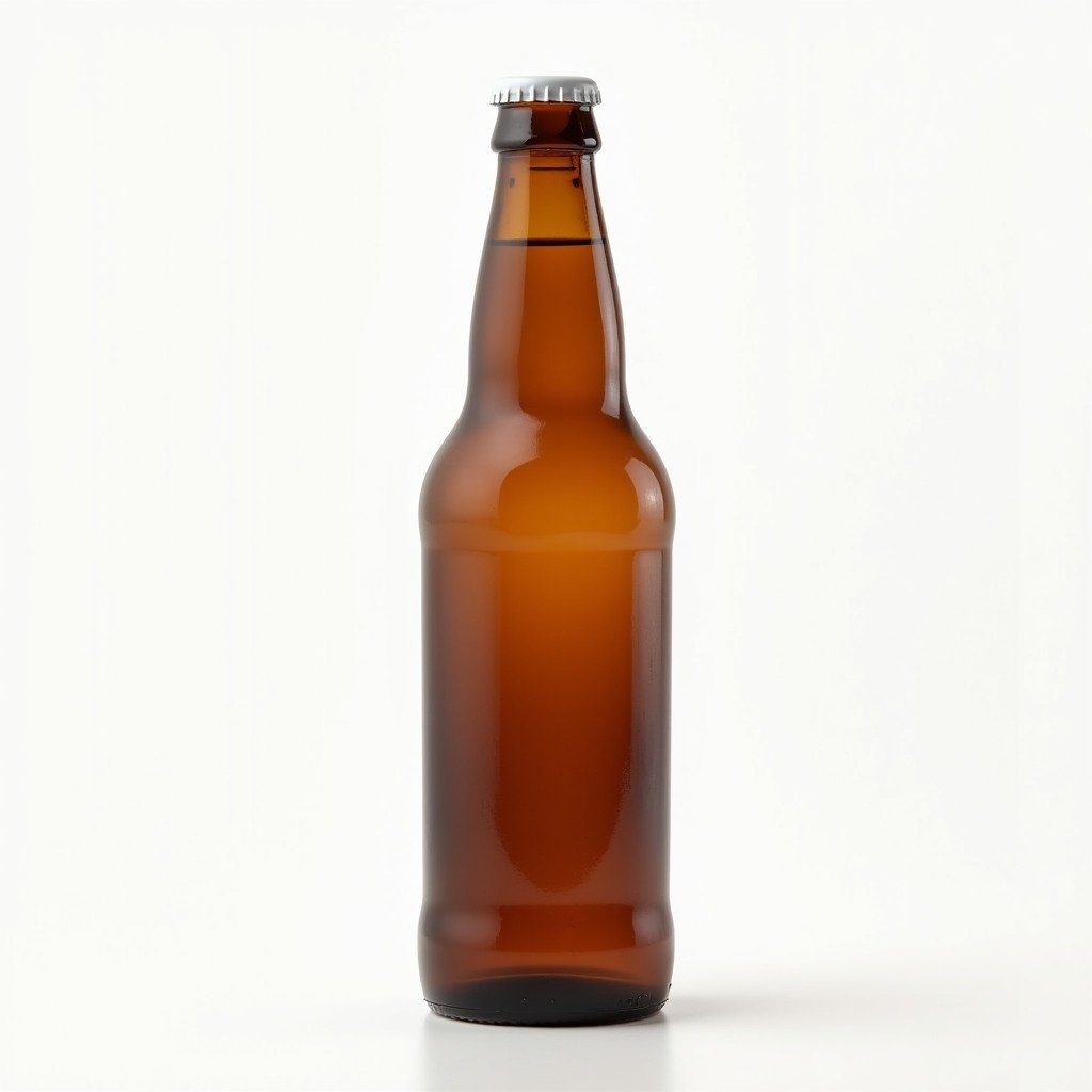 Brown glass beer bottle with 500ml capacity on a white background. Bottle has no labels, a white bottle cap, and is illuminated by soft natural light.