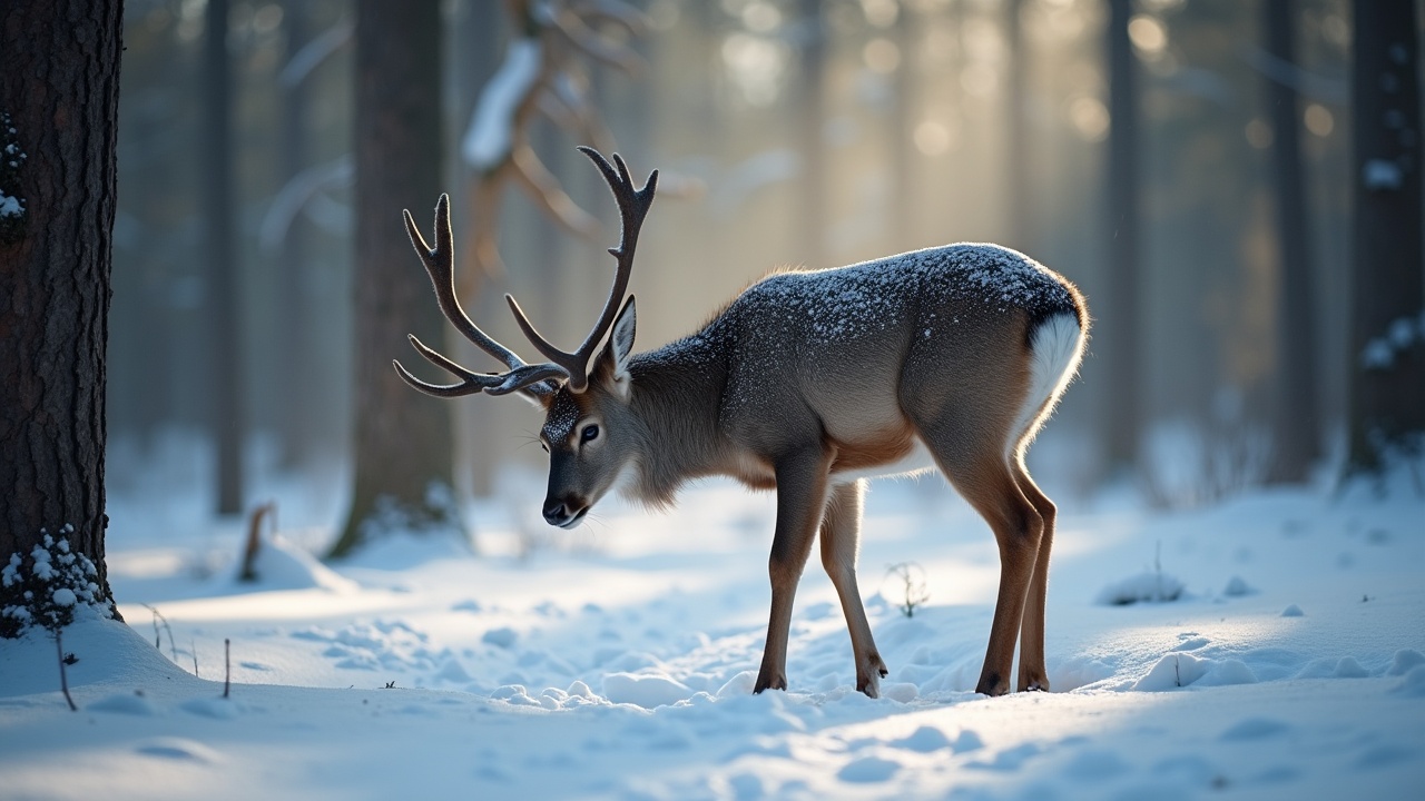 In a serene winter forest, a sika deer gracefully searches for food amidst a blanket of snow. The scene captures the essence of nature, with soft light filtering through the trees, creating a cinematic atmosphere. Snowflakes gently fall around the deer, enhancing the magical feel of the moment. The rich details of the deer's fur and the quiet forest backdrop are highlighted by film color correction techniques. This photograph evokes a sense of peace and connection with wildlife in its natural habitat.