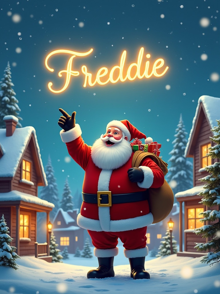 Santa Claus stands in a snowy village. He wears a traditional red suit. A big bag is slung over his shoulder. Santa points at the sky. The name 'Freddie' is written above. Snowflakes gently fall. Cozy homes with warm lights are in the background. The scene conveys a festive atmosphere.