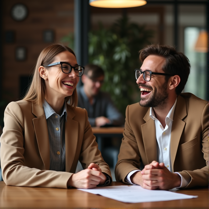 A man and a woman in suits are laughing together at a table in an office setting.