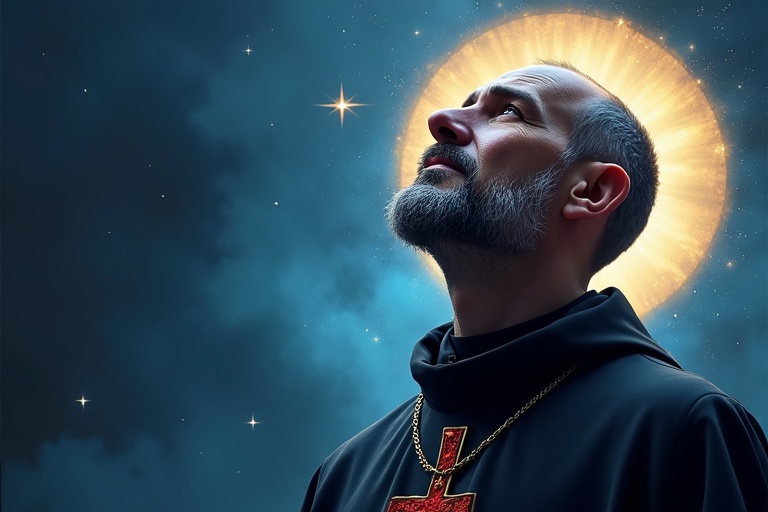 A close-up portrait of Saint Camillus de Lellis in a vibrant digital art style. He is looking upward, embodying deep faith. The color palette includes deep blues and radiant gold. A divine glow surrounds him. The background features blended deep blue and golden light, evoking holiness. Position reflects his significant role in spirituality.