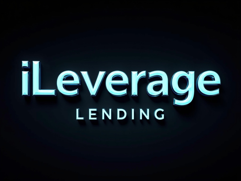 3D chrome letters display iLeverage Lending. Reflective text shines with blue and teal glow. Black background enhances the design. Letters are uniform in size. Luxurious contrast is established.