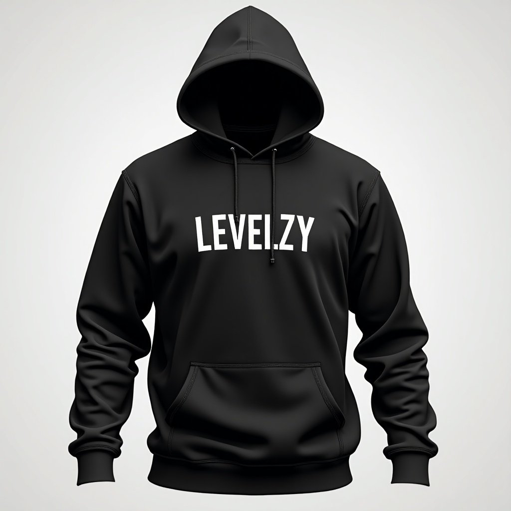 A black hoodie with LEVELZY written on it. The hoodie has a front pocket and a drawstring hood. Simple and stylish design suitable for casual wear.