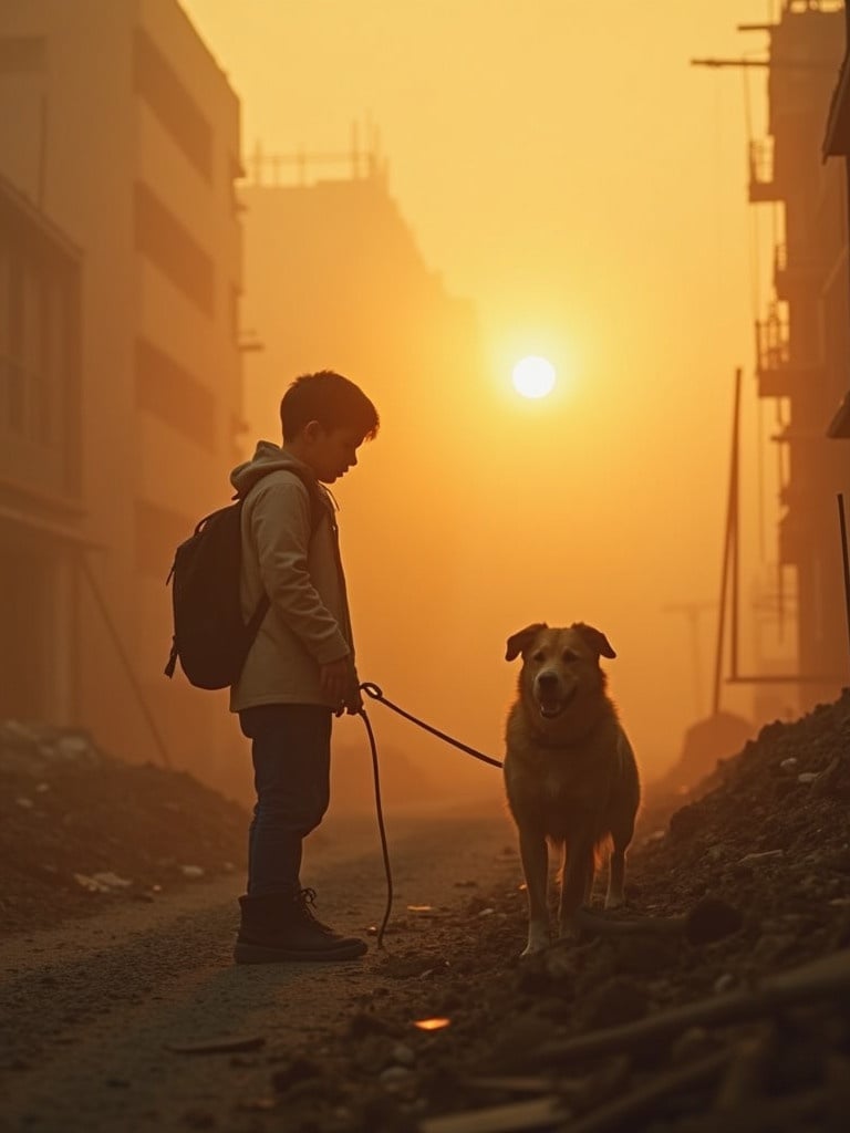 Scene shows a boy with a backpack standing next to a dog on a construction site. Dust and fog create an amber atmosphere. The sun is setting in the background. The boy is looking at the dog while holding onto its leash.