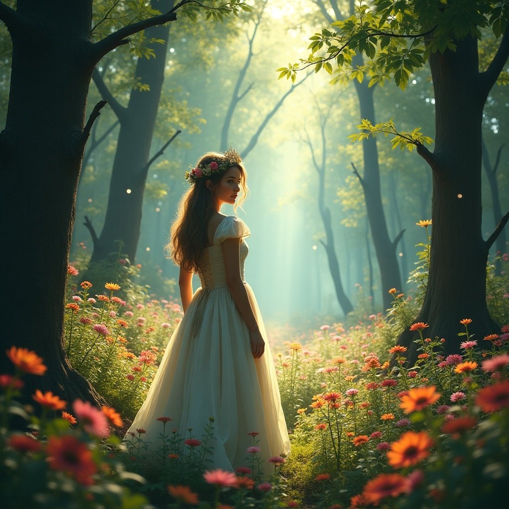 Princess standing in a forest surrounded by flowers