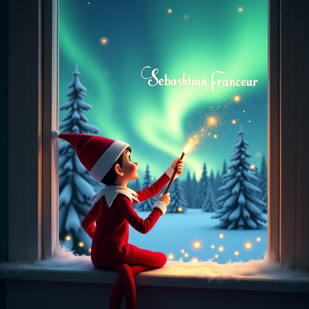 Image shows elf on shelf sitting on window ledge. Elf uses wand to write name with sparkling sparks. Background displays northern lights in a snowy landscape. Elf dressed in red outfit embodies Christmas spirit. Scene has a magical and festive ambiance.