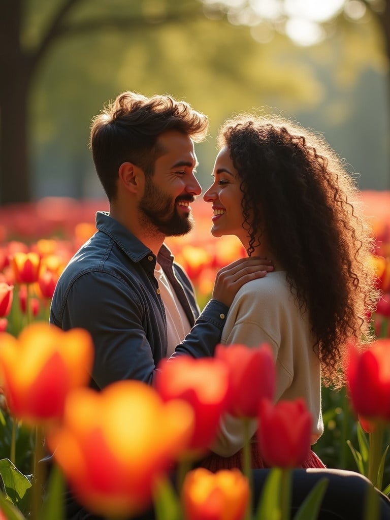 Couple in a park enjoy a moment together surrounded by vibrant tulips. Man gently touches woman's shoulder. They smile affectionately while illuminated by warm sunlight. Scene captures connection and intimacy in a tranquil outdoor setting.