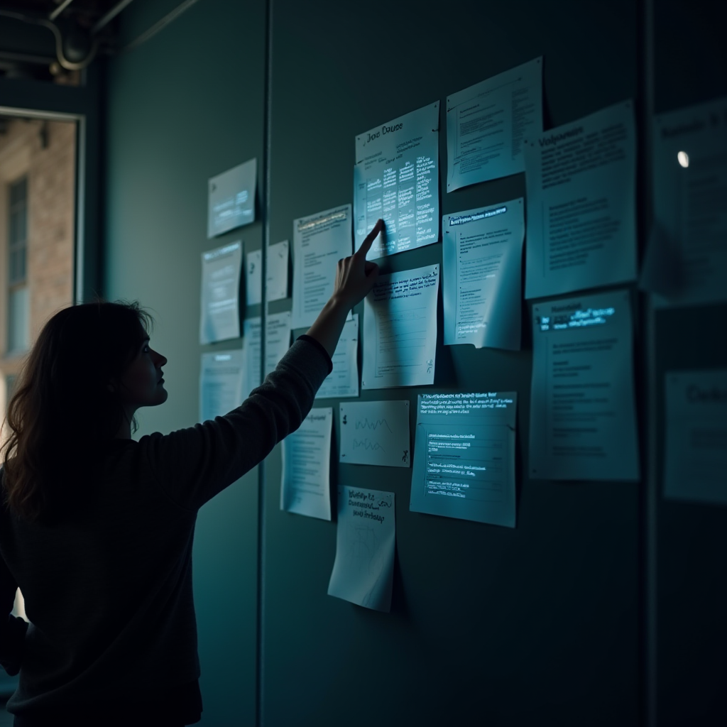 A person examines glowing documents pinned on a dimly lit wall.