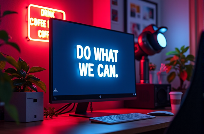 A modern workspace features a glowing screen displaying 'DO WHAT WE CAN' amidst vibrant neon lights and plants.