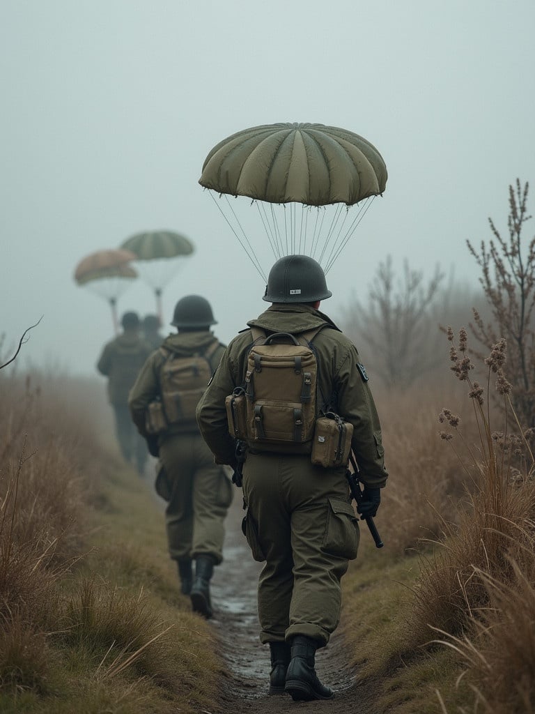 A group of British paratroopers is seen walking along a narrow path. Soldiers wear olive green uniforms. Each soldier has a parachute above. The atmosphere is foggy with muted colors and a somber feel.