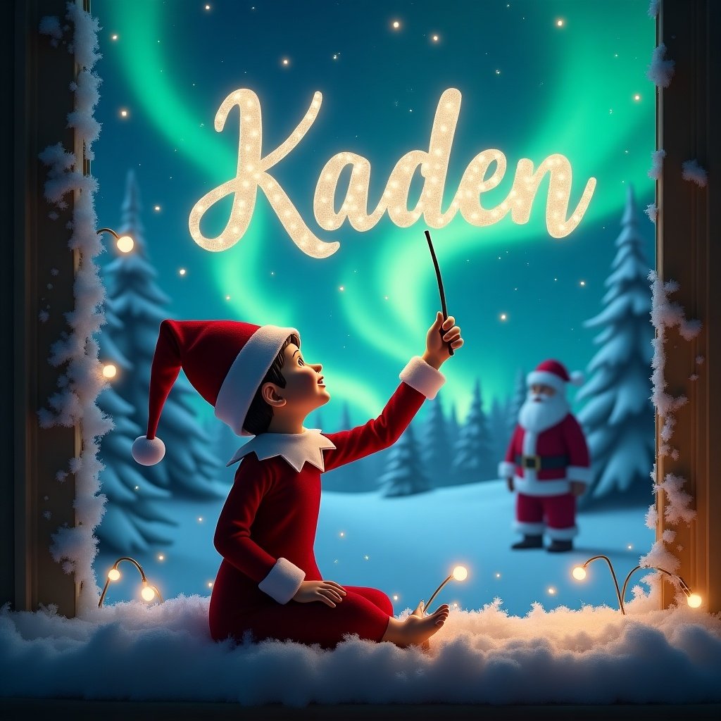 An enchanting Christmas scene features an elf on the shelf. The elf sits with its back to viewers, gazing upwards. It uses a wand to write the name 'Kaden' in the night sky. The background is adorned with beautiful northern lights and a distant image of Santa Claus. Snow blankets the ground, creating a serene winter wonderland. This magical moment captures holiday joy and wonder.