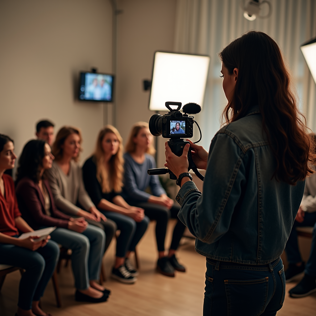 A woman in a denim jacket is filming a group of six people sitting on chairs.