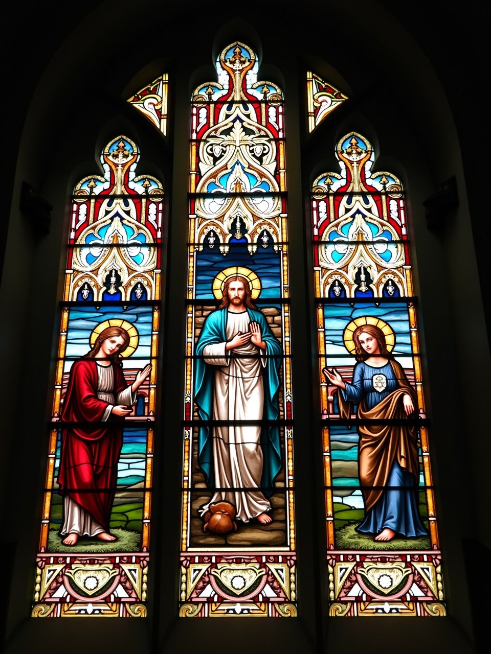 Stained glass window in a church featuring Jesus and two figures. Vibrant colors and detailed religious imagery. Showcases traditional European church artistry.