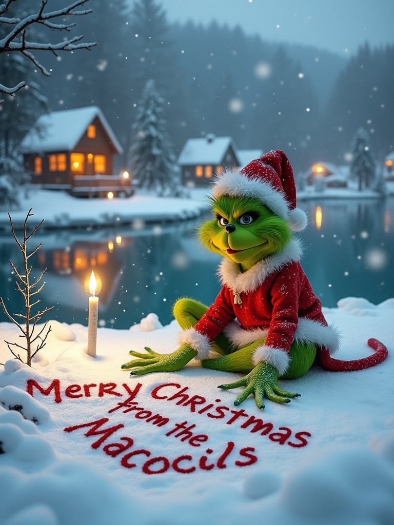 Grinch in a snowy landscape wears a red and white outfit. He writes Merry Christmas from the Maciel’s in the snow at the lake. Snowflakes fall; cozy cottages glow in the background. Captures warmth and holiday creativity.