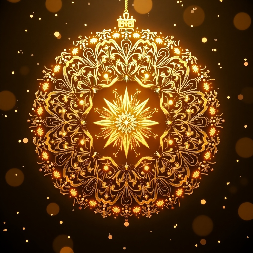 Richly embellished golden design with the phrase 'zalig kerstfeest'. Intricate designs fill the image. Background is absent, featuring glowing particle effects.