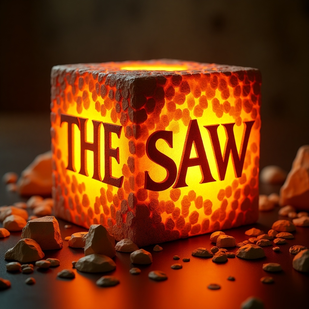 Close-up view of a glowing orange cube showing the text 'THE SAW'. The cube has intricate Moroccan textures and metallic accents. It emits a warm glow. Surrounding elements add artistic flair. Blend of digital art and promotional design suitable for various applications.