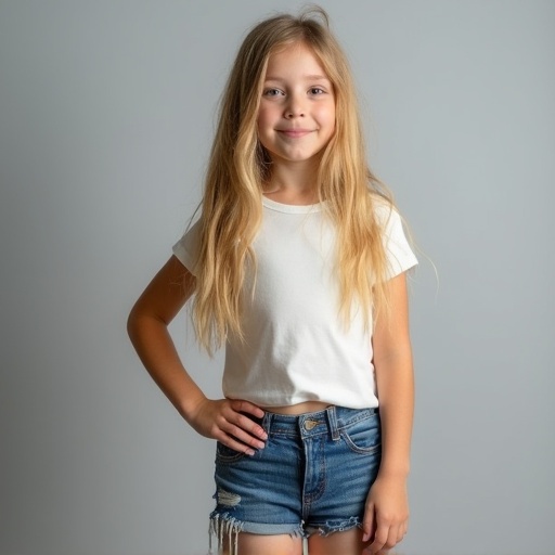 Image of a seven-year-old girl wearing a white crop top and denim shorts. The girl has long blonde hair. Background is soft gray color. Lighting is soft and warm. The girl is posing confidently with her hand on her hip. Focus on comfort and innocence of childhood.