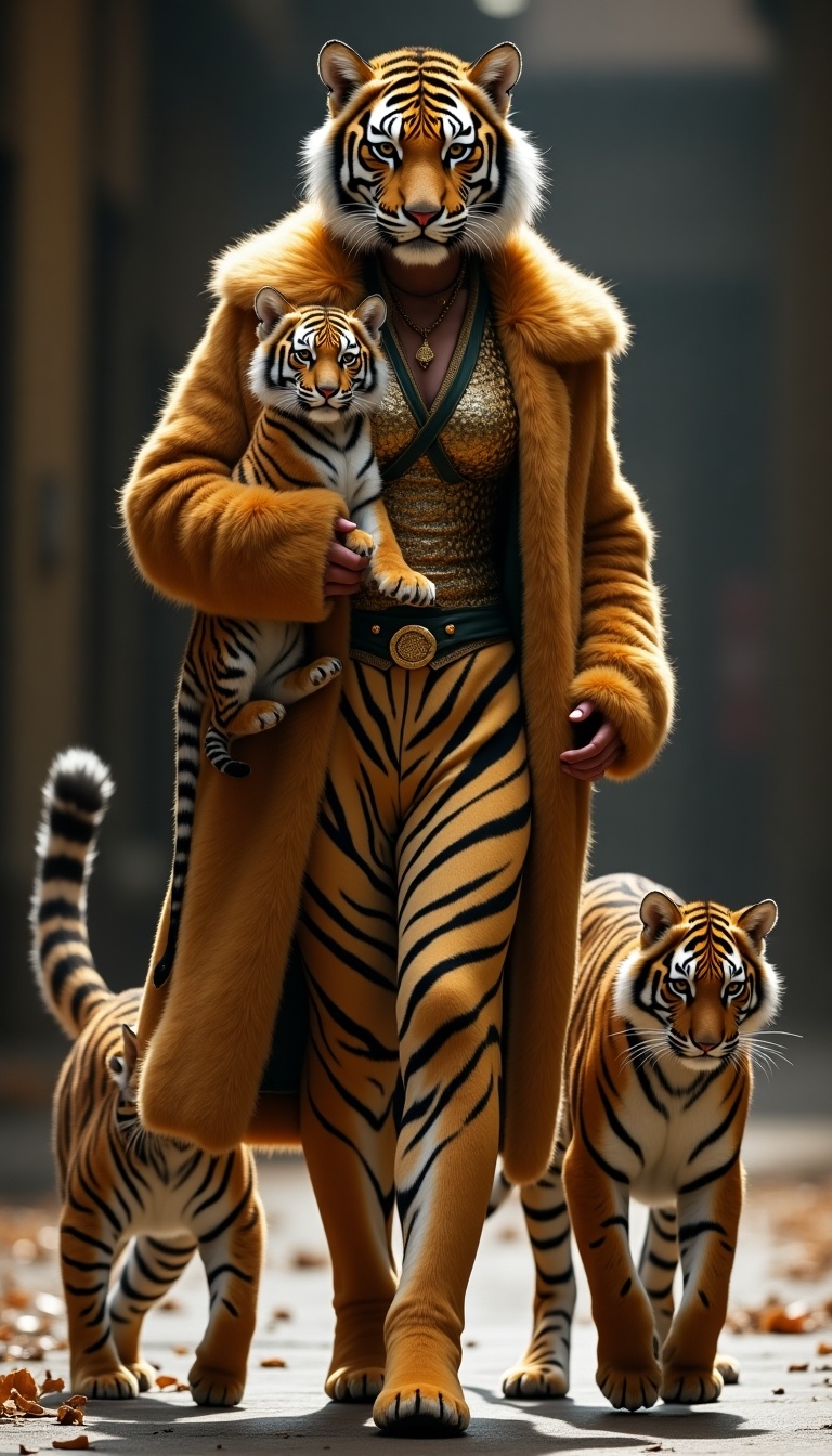 A regal tiger-human dressed in an intricate gold-and-black striped fur suit walks with a confident stride. Her outfit has subtle golden accents that match the shimmer of her eyes. She carries a playful Bengal tiger cub in her arms, its fur a miniature version of her own outfit. Next to her, a leopard-human waits in a confrontational stance, creating a tension in the scene. Both their cubs roam around energetically, reflecting the lively spirits of their iconic companions. The backdrop remains blurred to keep the focus on the dynamic duo of animals and their humans.