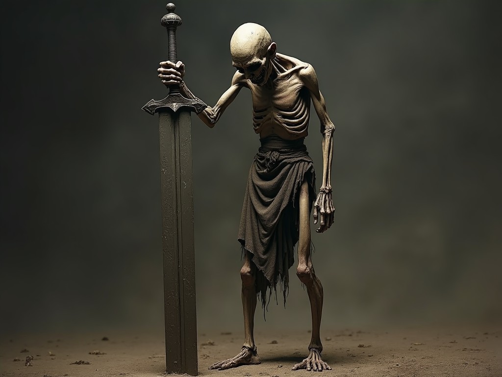 The image depicts a skeletal figure standing in a desolate landscape. The character is holding a large sword, with its head slightly bowed. It wears tattered cloth, and its bony structure is quite prominent. The background is muted and dark, contributing to a gloomy atmosphere. The lighting emphasizes the figure’s skeletal features, creating a dramatic effect. The overall composition feels eerie and haunting, typical of fantasy horror themes.