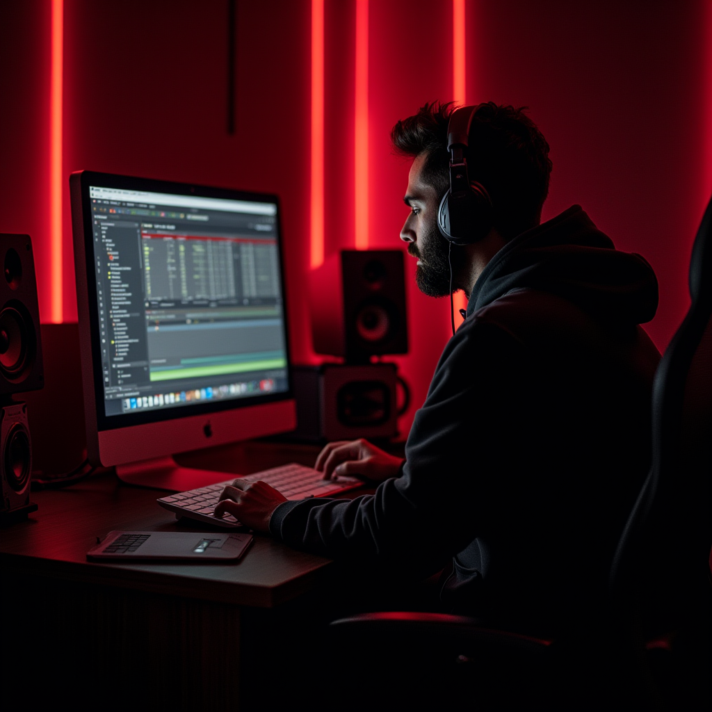 A person intently working on a computer in a dark room illuminated by red lighting, wearing headphones.