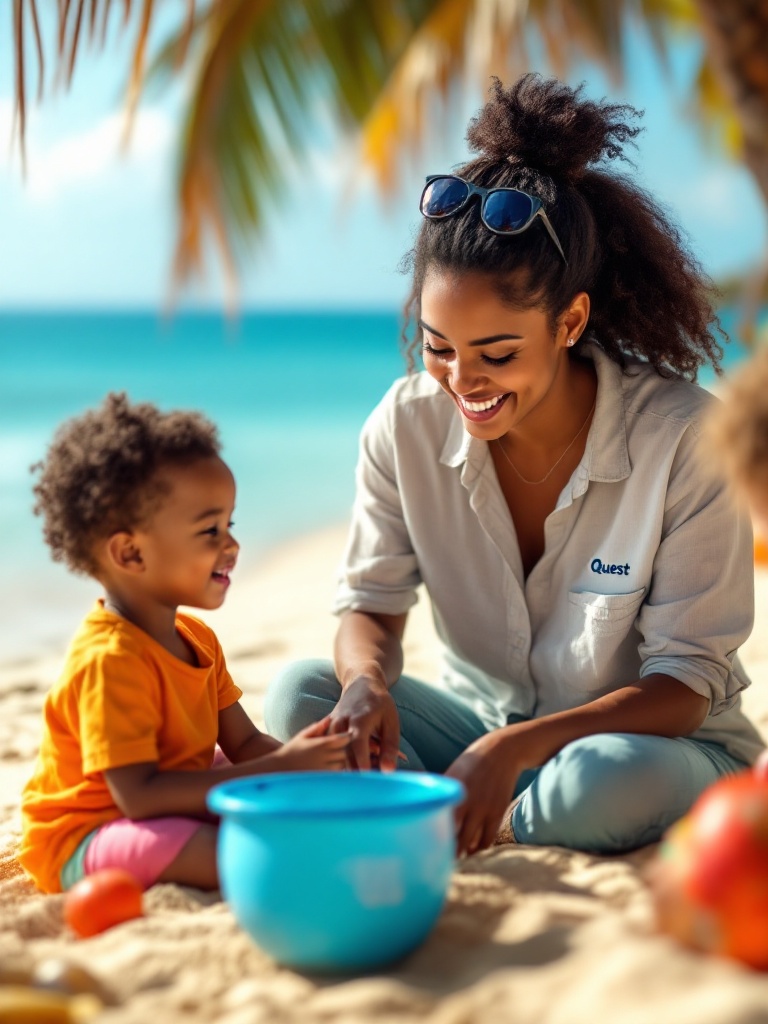 Image set in a vibrant Caribbean daycare setting. Teacher teaches English to two three-year-old children. Teacher wears shirt with Quest embroidered. The scene is lively with colorful elements. Bright Caribbean sand and sea creates an inspiring atmosphere. Teacher interacts with children in educational activities. The setting showcases cultural and natural Caribbean influences.