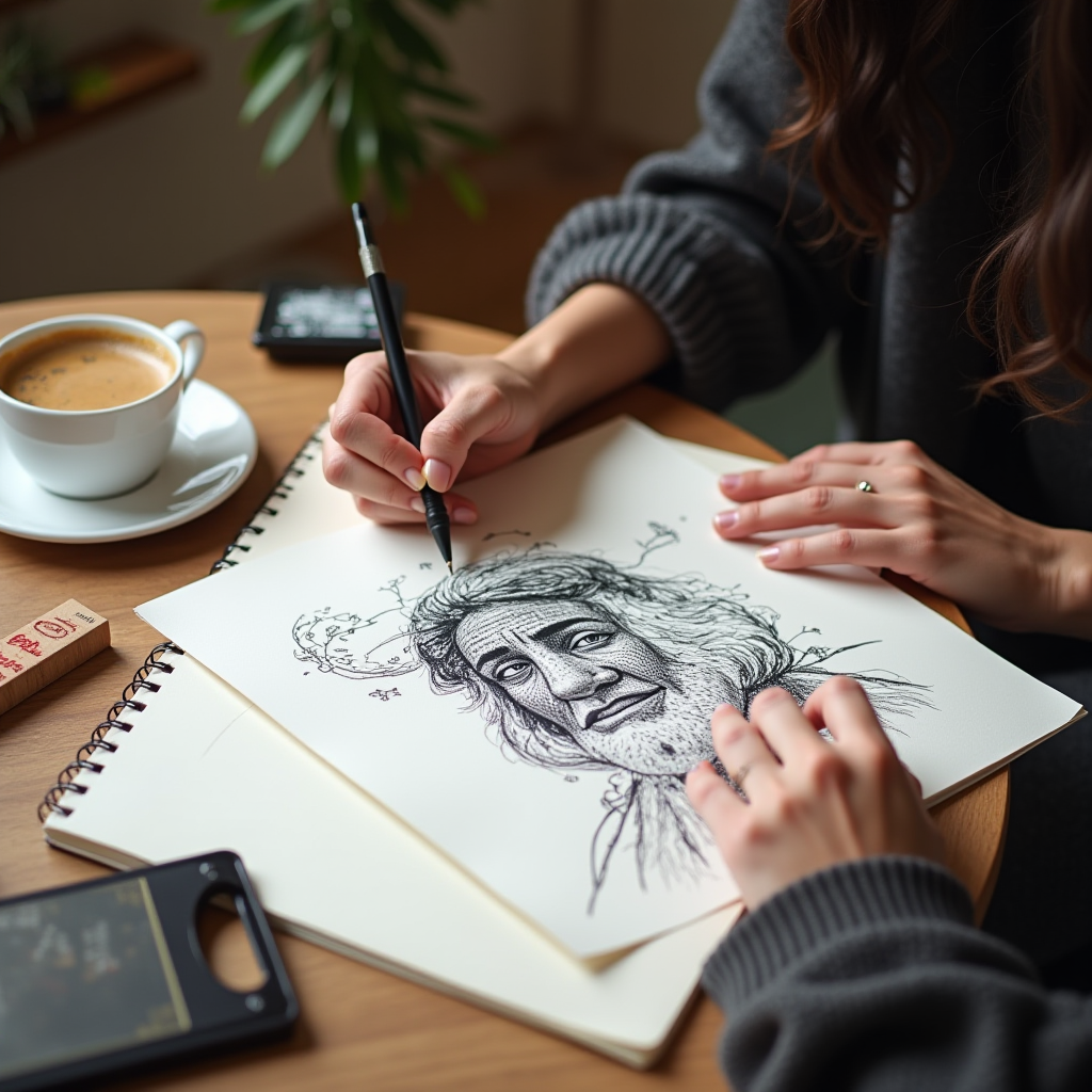 A person draws an intricate portrait while enjoying a coffee at a cozy table.