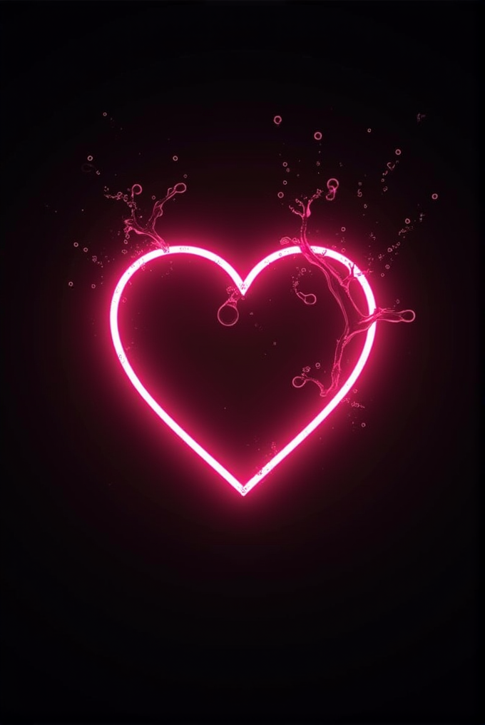 A glowing pink neon heart with splashes and bubbles against a black background.