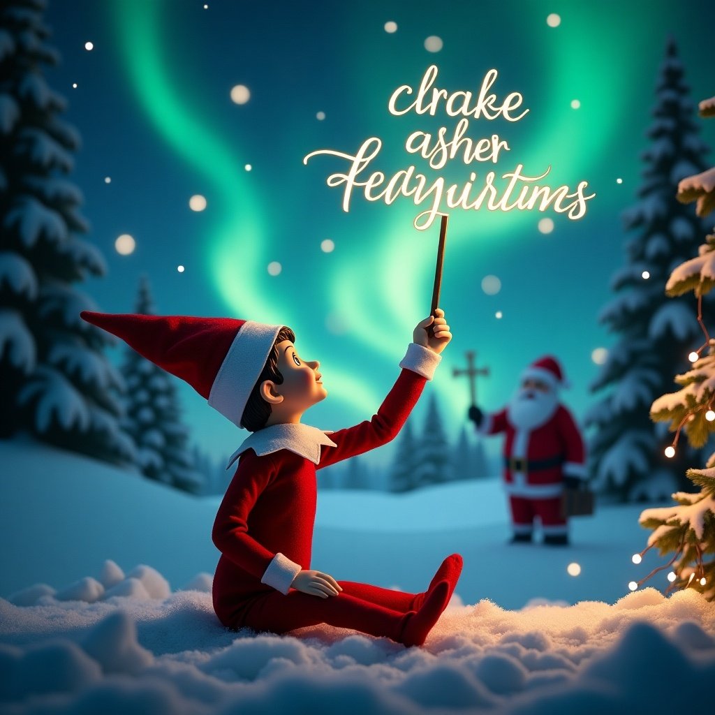 An enchanting Christmas scene features an elf on a shelf gazing upwards. It uses a wand to write 'Drake', 'Asher', and 'Hunter' in the night sky. The background has stunning northern lights and distant Santa Claus. Snow blankets the ground, creating a serene winter wonderland. This captures the essence of holiday joy.