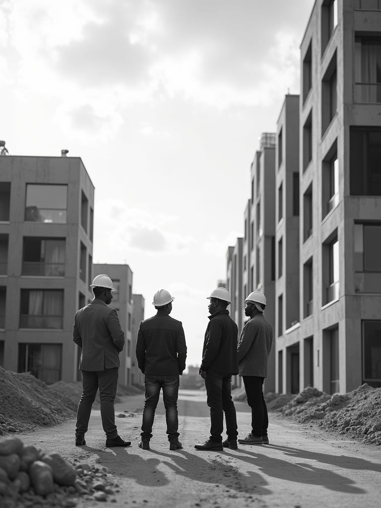 Multicultural professionals observe urban construction in black and white. Four men in hard hats stand on a dirt road. Modern buildings rise in the background. Soft shadows cast by natural light. Collaboration in progress.