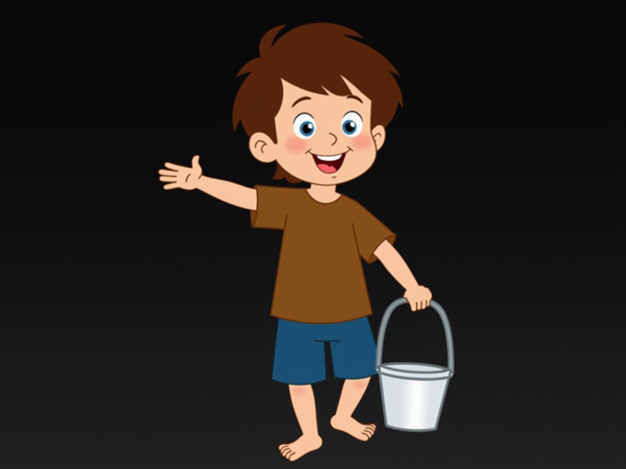 The image depicts a cheerful, animated young boy standing in front of a dark background. He has brown hair and is smiling, holding a white bucket in one hand. He is wearing a simple brown shirt and blue shorts, and he is barefoot. The setting appears to be casual, suggesting a moment of everyday life. The character has an expressive face, embodying joy or curiosity.