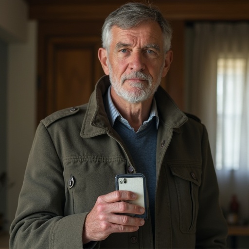 Middle-aged man holds an ID indoors. Man wears a green jacket over a sweater. Background shows a room with wooden features. Man stands with a calm expression.