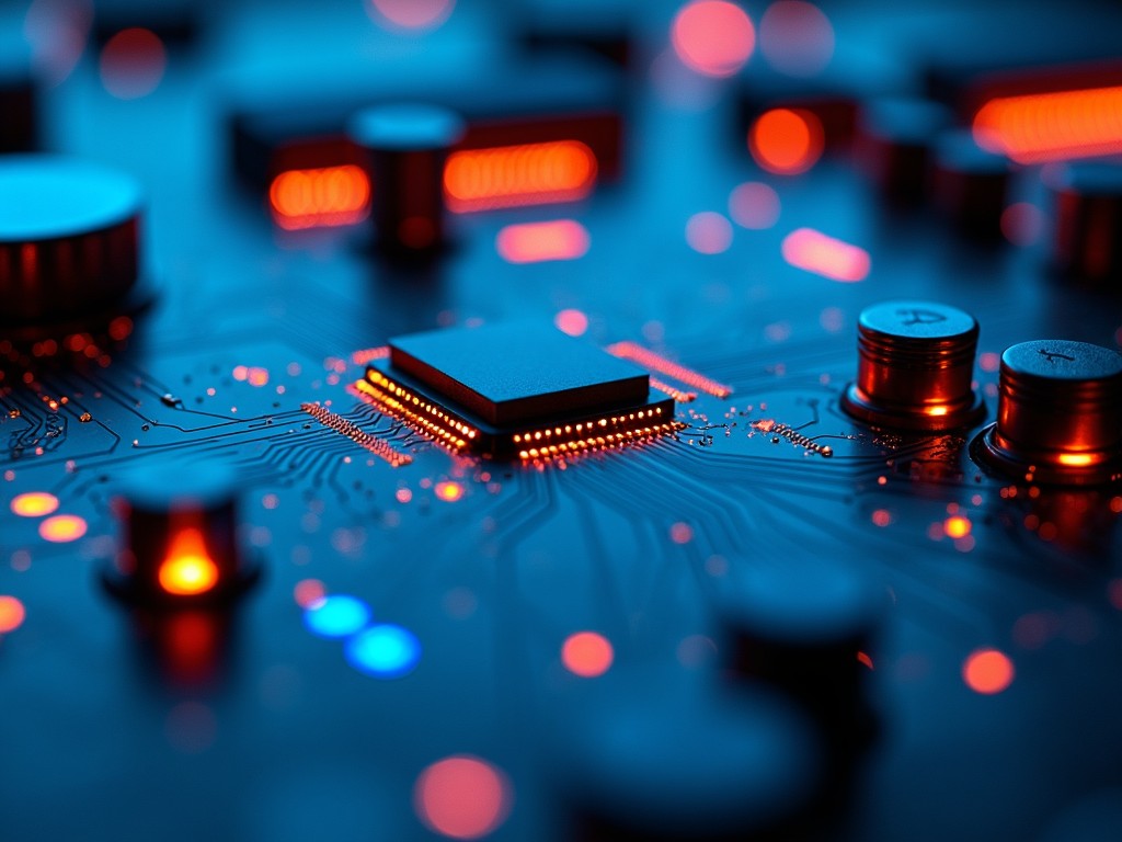 A close-up image of a glowing circuit board with neon red and blue lights highlighting the microchip and electronic components.