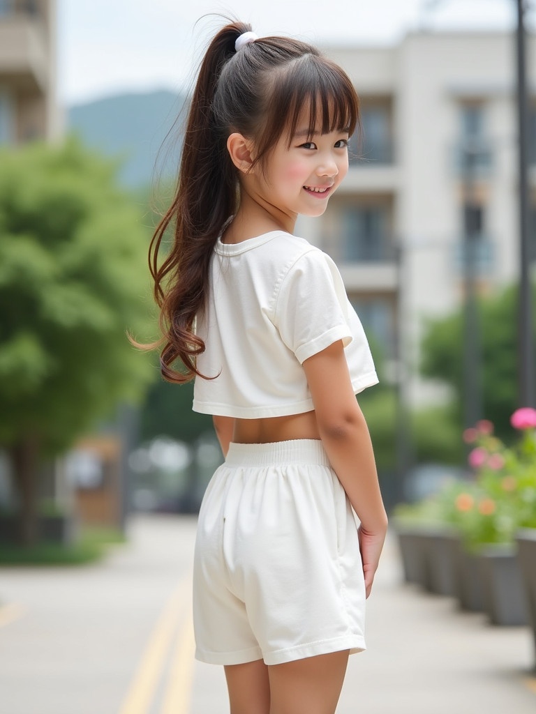 Young girl with long hair tied in a ponytail wearing a white two-piece outfit. She stands outdoors, turning slightly and smiling softly. Background shows urban buildings and greenery creating a relaxed and summery vibe.