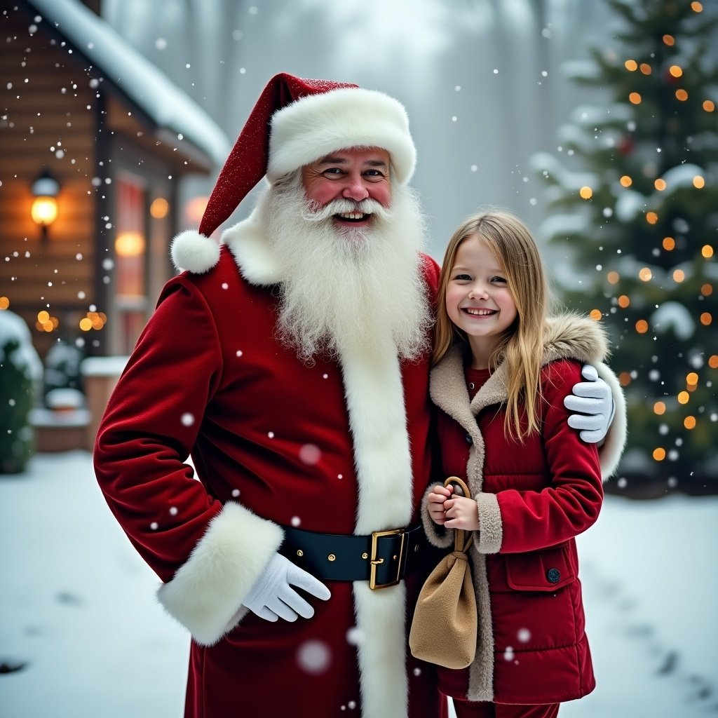 Santa Claus stands in snow with a child. Santa has a white beard and a red suit. The child wears a red outfit holding a small bag. Snowflakes fall around them. A cozy house with decorations is in the background.