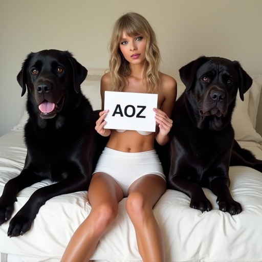 A woman sitting on a bed between two large black dogs. She holds a sign saying 'AOZ'. She wears a white mini skirt and a bikini top. The dogs sit beside her on the bed.