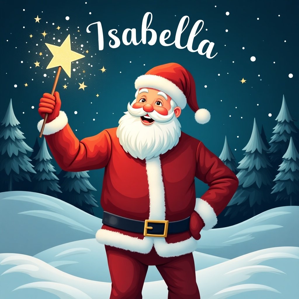 A joyful Santa Claus stands in a snowy landscape. He holds a sparkling wand. Name Isabella is displayed in the air. Santa wears a classic red suit and hat. He smiles joyfully, with twinkling eyes. Behind him are evergreen trees and a starry night sky.