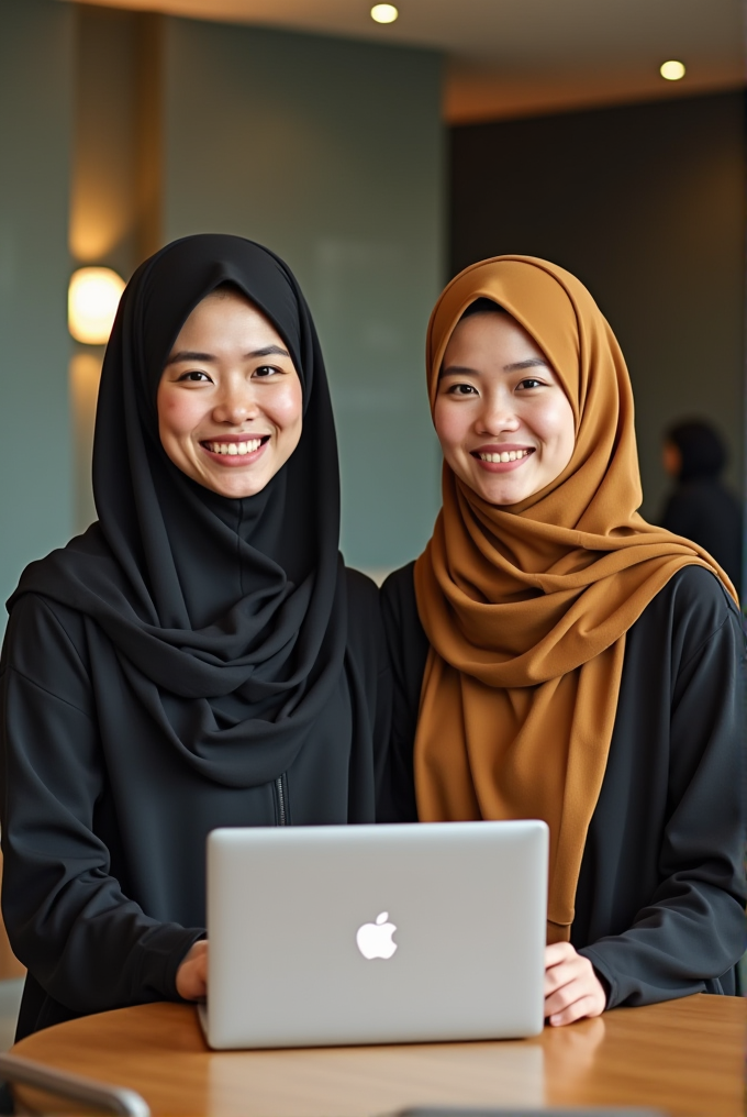 Two women wearing hijabs stand smiling behind a laptop in a modern office setting.